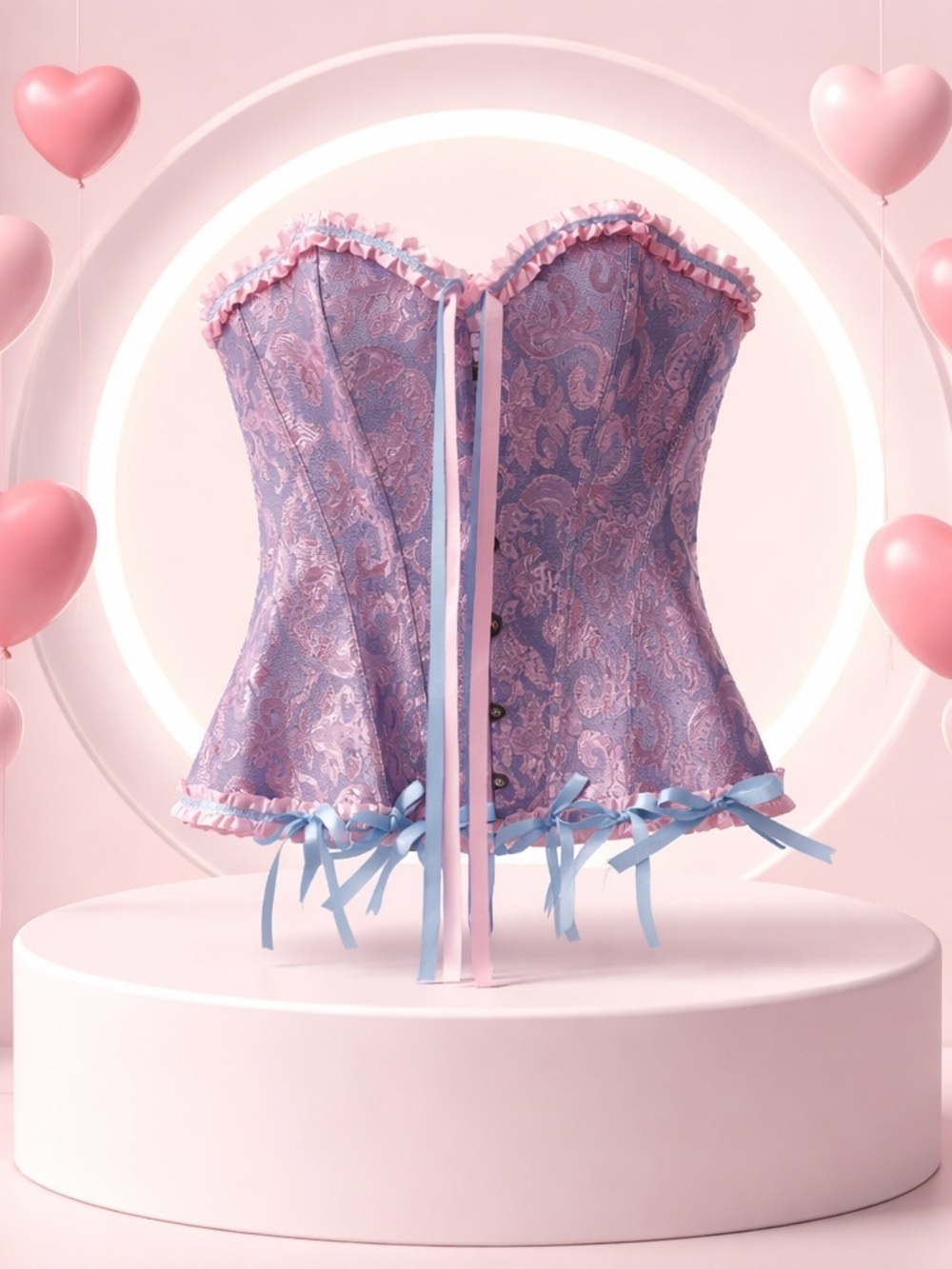 Women’s Medium Light Pink Trim and Blue Ribbon Paisley Print Corset Cotton Candy